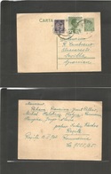 Romania. 1935 (12 Feb) Resita - Spain, Seville. 3 Lei Green Stat Card + 2 Adtls Tied Cds. Scarce Destination. - Andere & Zonder Classificatie