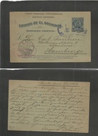 Salvador, El. 1899 (9 Feb) Santa Ana - Germany, Hamburg (6 March) 3c Blue Stat Card. Fine Used + Depart Comercial Oval C - Salvador