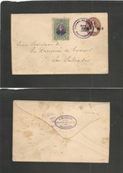 Salvador, El. 1906 (3 Enero) Cojutepeque - San Salvador (4 Enero) 5c Ovptd Brown Stat Env + 1c Adtl Lilac Rings Cancel.  - Salvador