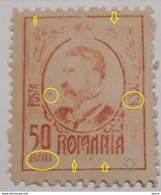 Error King Carol I,Romania 1908 King Carol I 50 Bani Orange,,with Printed Point în Medalion, Erase Gravure  Mnh - Ongebruikt