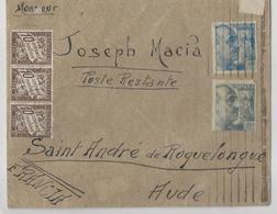 Lettre D'Espagne Envoyée En Poste Restante à St André De Roquelongue - 1940 - Taxée à 30 Cts - 1859-1959 Covers & Documents