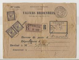 Valeurs Recouvrées Recommandée - Marzagues - Taxée à 30 Cts - 1859-1959 Covers & Documents