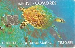 CARTE-PUCE-50U-SC7-SNPT COMORES-TORTUE MARINE-UTILISE-V°8 N°ROUGE C5B155334 V°  Milieu-TBE - Schildkröten