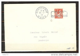 GUERRE 1F IRIS DUNKERQUE SUR DEVANT DE LETTRE OBLITERE DE DUNKERQUE DU 21/077/40 SIGNE ROUMET+DREYFUS+CALVES TTB - War Stamps