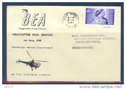 ENVELOPPE PREMIER VOL PAR HELICOPTERE PETERBOROUGH - GREAT YARMOUTH DU 01/06/1948 - Marcofilia