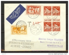 ALGERIE LETTRE 1ER SERVICE BI-HEBDOMADAIRE ALGERIE-CONGO DU 04/11/38 TAXEE A L'ARRIVEE - Lettres & Documents