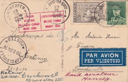 BELGIQUE 1934 CARTE POSTALE AERIENNE DE ST.JOSSE TEN NOODE  VOL BELGIQUE-CONGO MARS 1934 RAID AVIATEUR HANSEZ - Covers & Documents