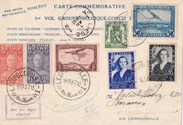 BELGIQUE 1937 CARTE COMMEMORATIVE DE LIEGE 1er VOL GROUPE BELGIQUE-CONGO PAR AVION PHALENE - Cartas & Documentos