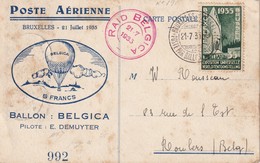 BELGIQUE 1935 CARTE POSTALE DE BRUXELLES POSTE PAR BALLON BELGICA - Covers & Documents