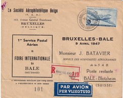 BELGIQUE 1947 PLI AERIEN RECOMMANDE  DE BRUXELLES 1ER SERVICE AERIEN BRUXELLES-BALE - Cartas & Documentos