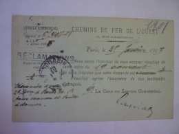 Chemins De Fer De L'Ouest  SERVICE COMMERCIAL  Réclamations Carte Lettre Semeuse DaguinTimbre à Date 1907 Gare St Lazare - Postales  Transplantadas (antes 1995)