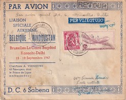 BELQIQUE 1947 PLI AERIEN DE BRUXELLES LIAISON SPECIALE BELGIQUE-HINDOUSTAN - Storia Postale