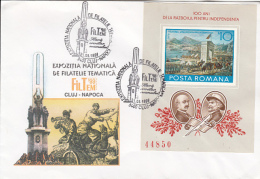 CLUJ NAPOCA PHILATELIC EXHIBITION, INDEPENDENCE WAR CENTENARY STAMP SHEET, SPECIAL COVER, 1999, ROMANIA - Covers & Documents