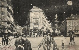 T2/T3 1910 Budapest VIII. Kálvin Tér éjjel, Magyar Lámpagyár, Villamos. Humoros Részeges Montázslap (fl) - Non Classés