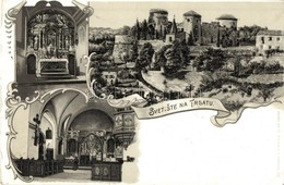 ** T2/T3 Fiume, Tersatto, Trsat; Vár, Templom Bels?k / Castle, Church Interiors, G. Fischer Art Nouveau Litho (EK) - Non Classificati