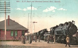 T2/T3 1921 Reno (Nevada), S.P. Depot And Overland Limited, Locomotive At The Railway Station  (EK) - Sin Clasificación