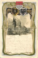 T2/T3 1900 Köln, Cologne; Dom, Seitenansicht / Cathedral. Coat Of Arms, Art Nouveau, Emb. Litho Frame  (EK) - Unclassified