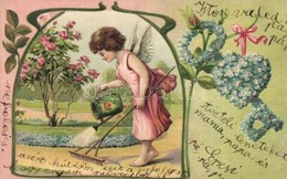 * T2 Angel Watering The Flowers, Greeting Postcard, Emb. Litho - Non Classés