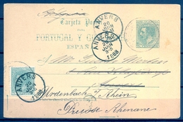 1888 , ENTERO POSTAL ED. 13 , BARCELONA - AMBERES , LLEGADA , REDIRIGIDO A PRUSIA - 1850-1931