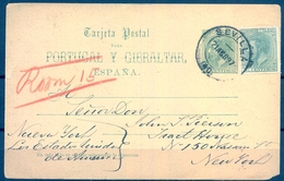 1887 , ENTERO POSTAL ED. 13 , SEVILLA - NUEVA YORK , FRANQUEO COMPLEMENTARIO - 1850-1931