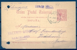 1891 , ENTERO POSTAL ED. 21 , PRE IMPRESO " VALERIO SUARI " , BARCELONA - WEINHEIM , AMBULANTE BARCELONA - PORT BOU - 1850-1931