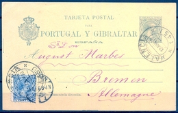 1896 , ENTERO POSTAL ED. 34 , VALENCIA - BREMEN , FRANQUEO COMPLEMENTARIO , LLEGADA - 1850-1931