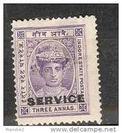 états Princiers De L'inde. Holkar. Timbre De Service. 3 Annas - Holkar