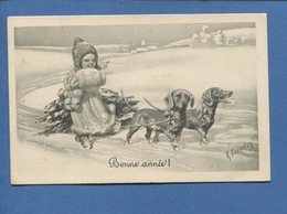 Jolie Carte Viennoise B.K.W. "Bonne Année" Enfant Manchon Sapin Attelage Chiens Teckel Basset Signée Feiertag - Feiertag, Karl