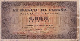 BILLETE DE ESPAÑA DE 100 PTAS 20/05/1938 SERIE G  EN CALIDAD BC (BANK NOTE) (manchas) - 100 Peseten