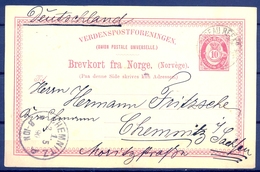 1890 , NORUEGA , ENTERO POSTAL 10 ORE , CIRCULADO ENTRE CHRISTIANIA Y CEMNITZ , LLEGADA - Brieven En Documenten