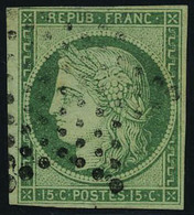 Oblitéré N° 2, 15c Vert T.B. Signé Brun, Infime Encoche Dans La Marge - Other & Unclassified