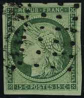 Oblitéré N° 2b, 15c Vert Foncé Obl Gros Points, Grandes Marges, Superbe, Signé Brun - Autres & Non Classés