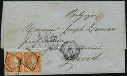 Lettre N° 5, 40c Orange Cérès, Paire Horizontale Sur L Obl Grille + Càd Paris 3 Juille  Pour Gand Belgique, Au Verso Càd - Otros & Sin Clasificación