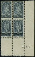 Neuf Sans Gomme N° 259b, 3f Cathédrale De Reims, Type III Bloc De 4 Coin Daté 23.6.30 T.B. Signé Brun - Sonstige & Ohne Zuordnung