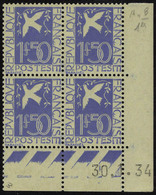 Neuf Sans Charnière N° 294, 1.50 Colombe, Bloc De 4, Coin Daté 30.1.34, T.B. - Sonstige & Ohne Zuordnung