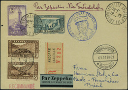 Lettre Zeppelin 1 SAF 1933, CP Recom. Càd Andorre La Vieille 1.5.33 Cachet Bleu Du Vol, Càd De Transit Friedrichshafen 6 - Autres & Non Classés