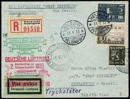 Lettre Zeppelin 2 SAF 1933. LR D'Helsinki 31.V.33 Pour Pernambuco Brésil, Au Verso Càd De Transit Berlin 2.6.33 Et Berli - Altri & Non Classificati