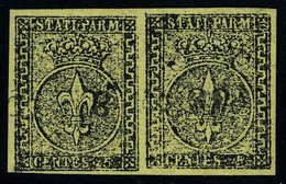 Oblitéré N° 1, 5c Jaune, Paire Hor. Superbe Signé Fiécchi, Sassone 1 : 500 € - Altri & Non Classificati