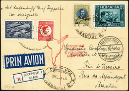 Lettre ZEPPELIN 4ème S.A.F 1932. C.P. Recommandée De Bucarest (28.4.32). CàD De Transit Friedrichshafen 2.5.32 Pour Rio  - Sonstige & Ohne Zuordnung