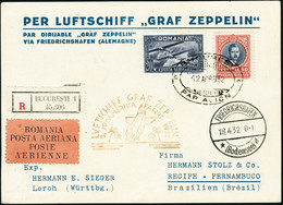 Lettre Zeppelin 3è SAF 1932. C.P. Recommandée Bucuresti 12 Apr 932, Pour Récife. CàD De Transit Friedrichshafen 18.4.32. - Otros & Sin Clasificación