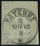 Oblitéré N° 25, 2r Gris, Bdf, Superbe Obl Centrale PAYERNE 3 NOV 62, Signé + Certificat Hunziker. Zurmstein 21G 700 CHF - Otros & Sin Clasificación