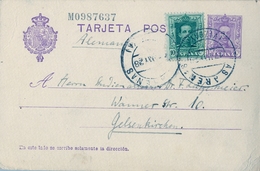 1928 , ENTERO POSTAL ED. 57 CIRCULADO , LAS ARENAS - GELSENKIRCHEN, FRANQUEO COMPLEMENTARIO - 1850-1931