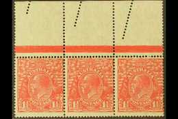 1926-30 1½d Scarlet - Perf 14, SG 87, Horizontal Strip Of Three With Dramatic Perforation fault In Upper Margin, Very Fi - Other & Unclassified