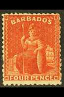 1875-81 4d Deep Red, CC WMK, Perf 12½, Reversed Watermark, SG 68x, Fine Mint One Shortish Perf For More Images, Please V - Barbades (...-1966)