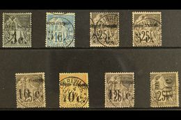 FRENCH CONGO 1891 FINE USED SURCHARGED SELECTION On A Stock Card. Includes 5c On 1c (Yv 1), 5c On 15c (Yv 2) & 5c On 25c - Autres & Non Classés
