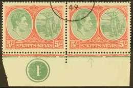 1938-50 5s Bluish Green And Scarlet, Ordinary Paper, Lower Marginal Plate Number Pair, One Showing Break In Oval At Foot - St.Kitts Und Nevis ( 1983-...)