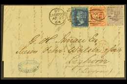 1864 TERRIFIC 3 COLOUR FRANKING 1864 (27th April) E/L To Italy Bearing An 1858-76 2d Blue Plate 9 (SG 45), 1862-64 4d Pa - Sonstige & Ohne Zuordnung