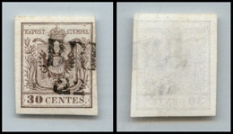 20022 ANTICHI STATI - LOMBARDO VENETO - 1850 - 30 Cent Bruno Chiaro (7a) Prima Tiratura (75) - Other & Unclassified