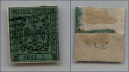 20103 ANTICHI STATI - MODENA - 1852 - 5 Cent Verde Oliva (8) Su Parte Di Frammento (275) - Andere & Zonder Classificatie
