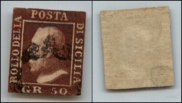 20348 ANTICHI STATI - SICILIA - 1859 - 50 Grana Lacca Bruno Scuro Violaceo (14b) - Ritagliato Nel Disegno (40.000) - Sonstige & Ohne Zuordnung